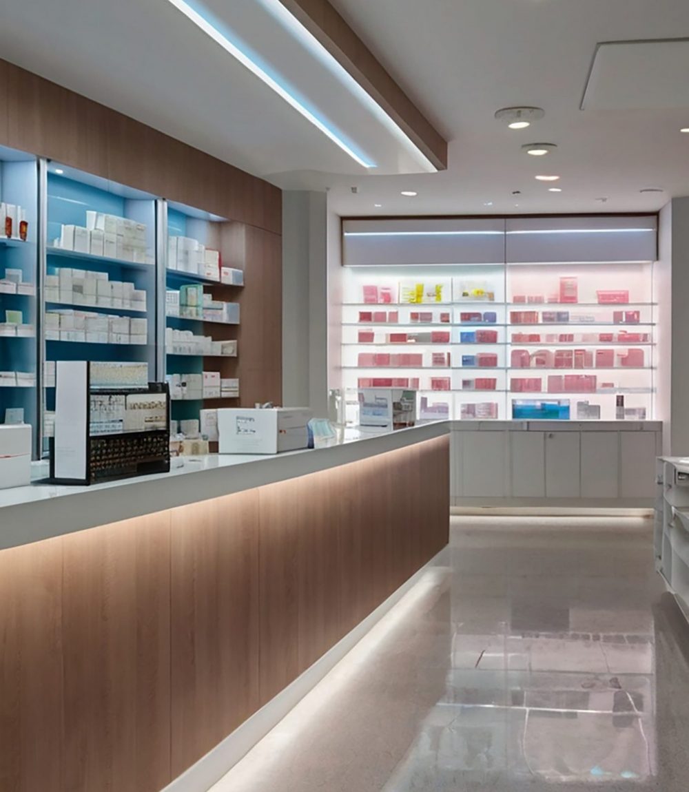 Innenansicht einer Apotheke mit Verkaufstresen