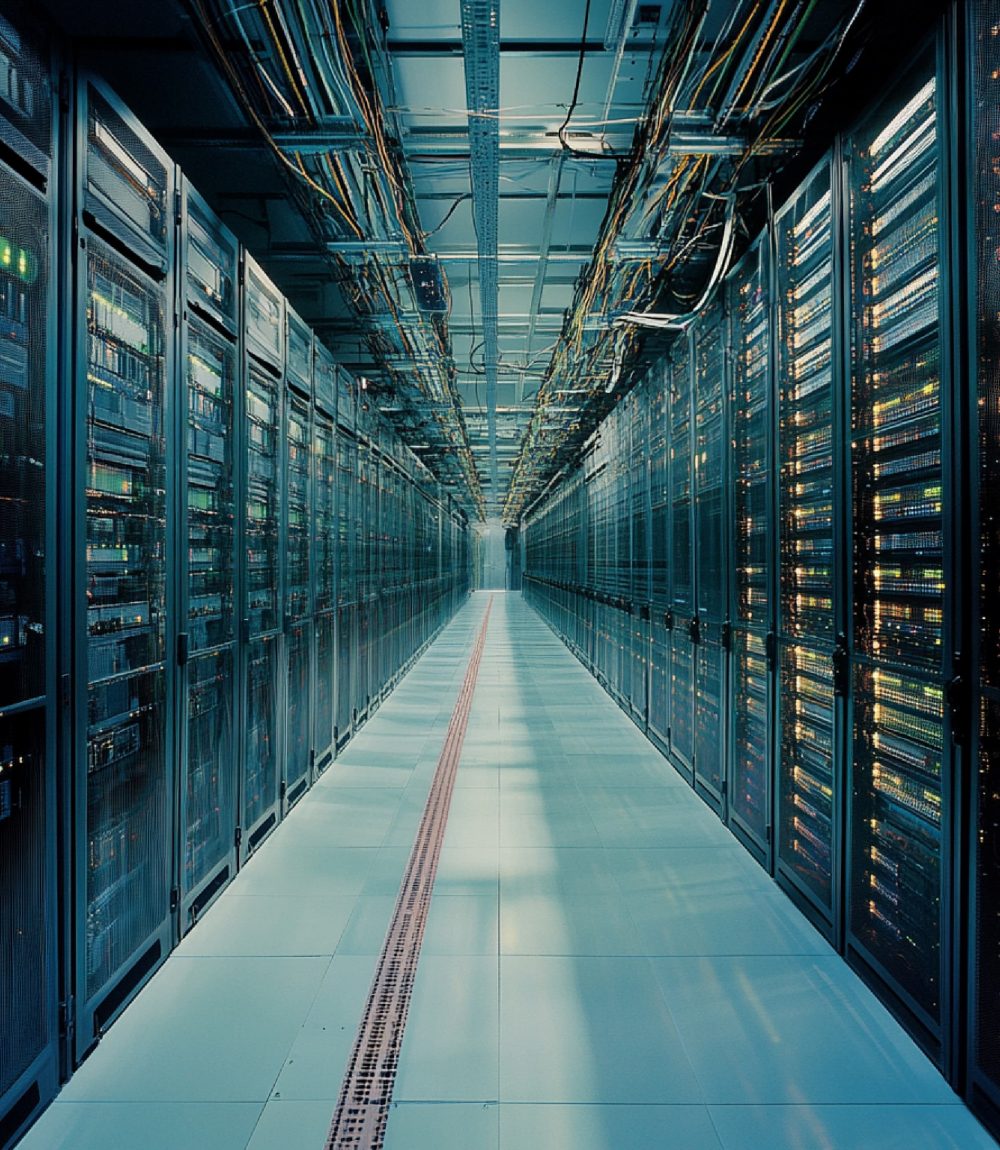 alt="Blick in einen Servergang eines modernen Rechenzentrums"