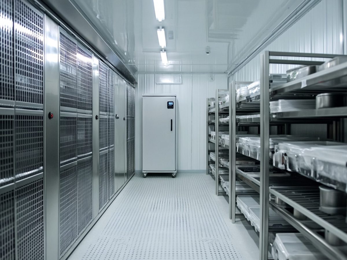 a massive cold storage chamber in a food industry setting. The photo, with a focus on a large freezer or a walk-in fridge, is perfect for a restaurant or a business-related theme.